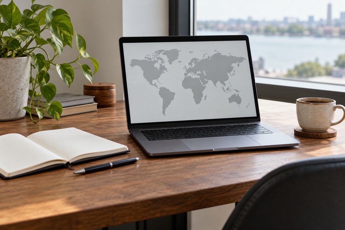 Office desk with laptop showing blank map, notebook, pen and coffee cup
