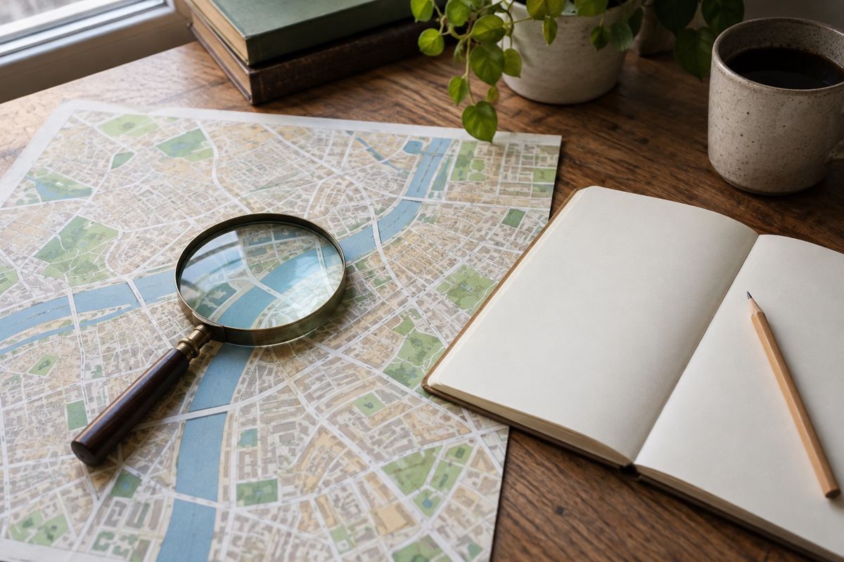 Magnifying glass on a printed city map beside a notebook and pencil