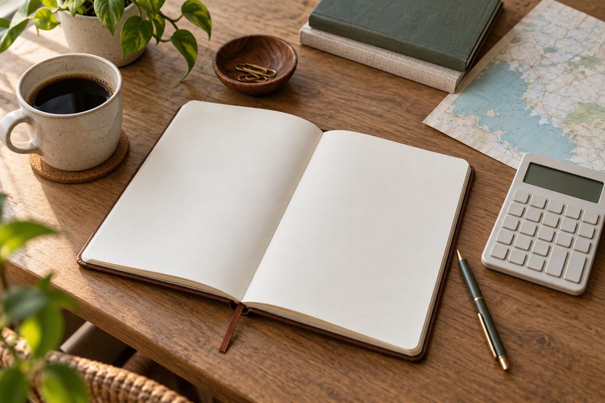 Open planning notebook beside calculator and coffee cup on a clean desk