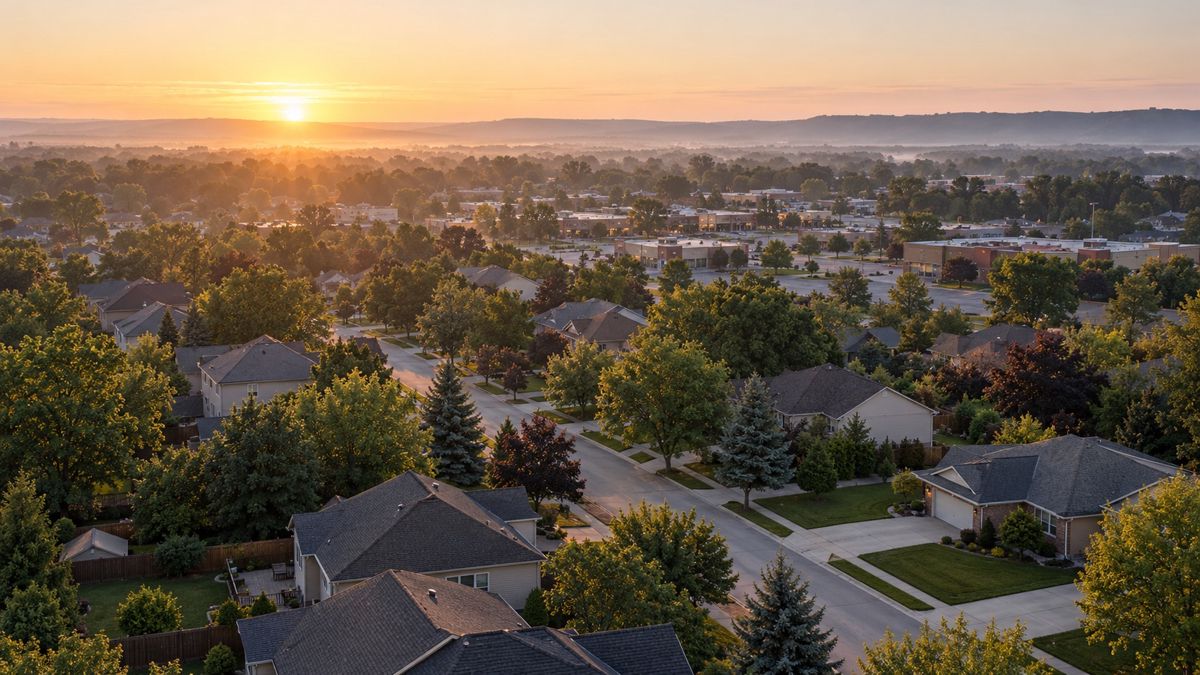 Aerial view of a suburban neighborhood and small commercial strip at dawn