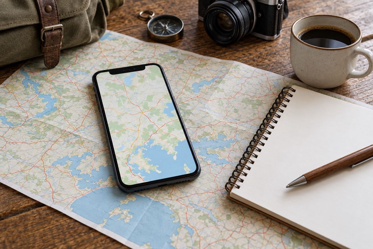 Smartphone with blank map screen resting on a printed road map with notebook