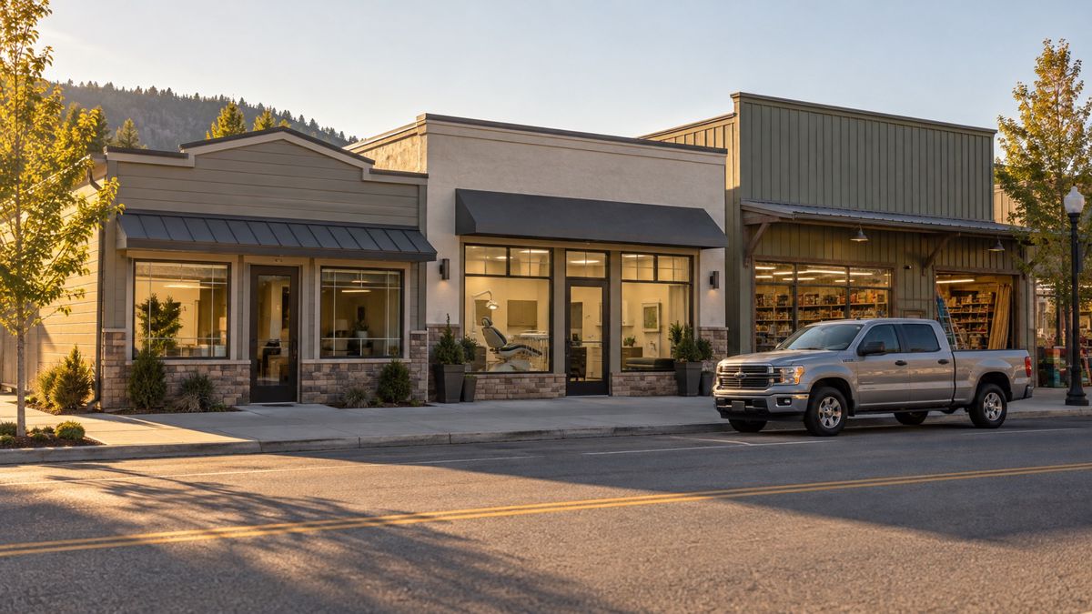 Quiet main street with contractor office, dental clinic and hardware store
